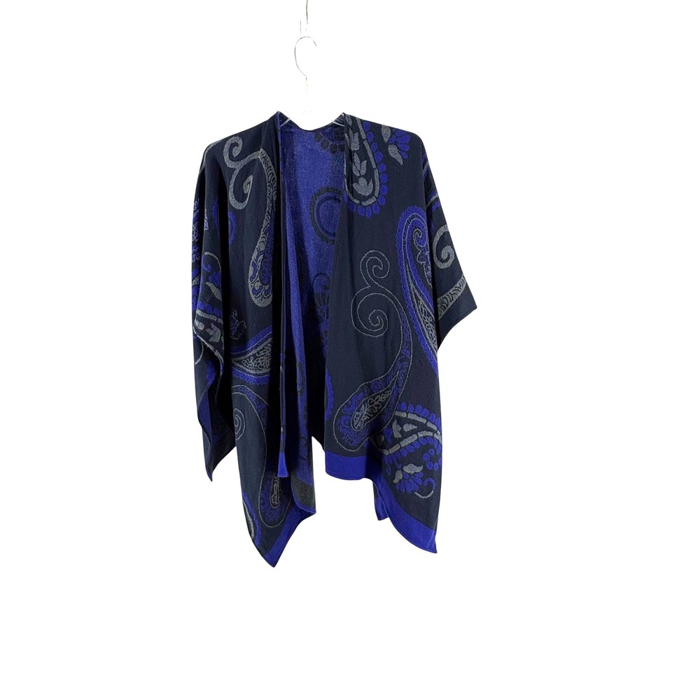 Womens‎ Paisley Knit Wrap Shawl Reversible Open Front Poncho Grey Blue Silver